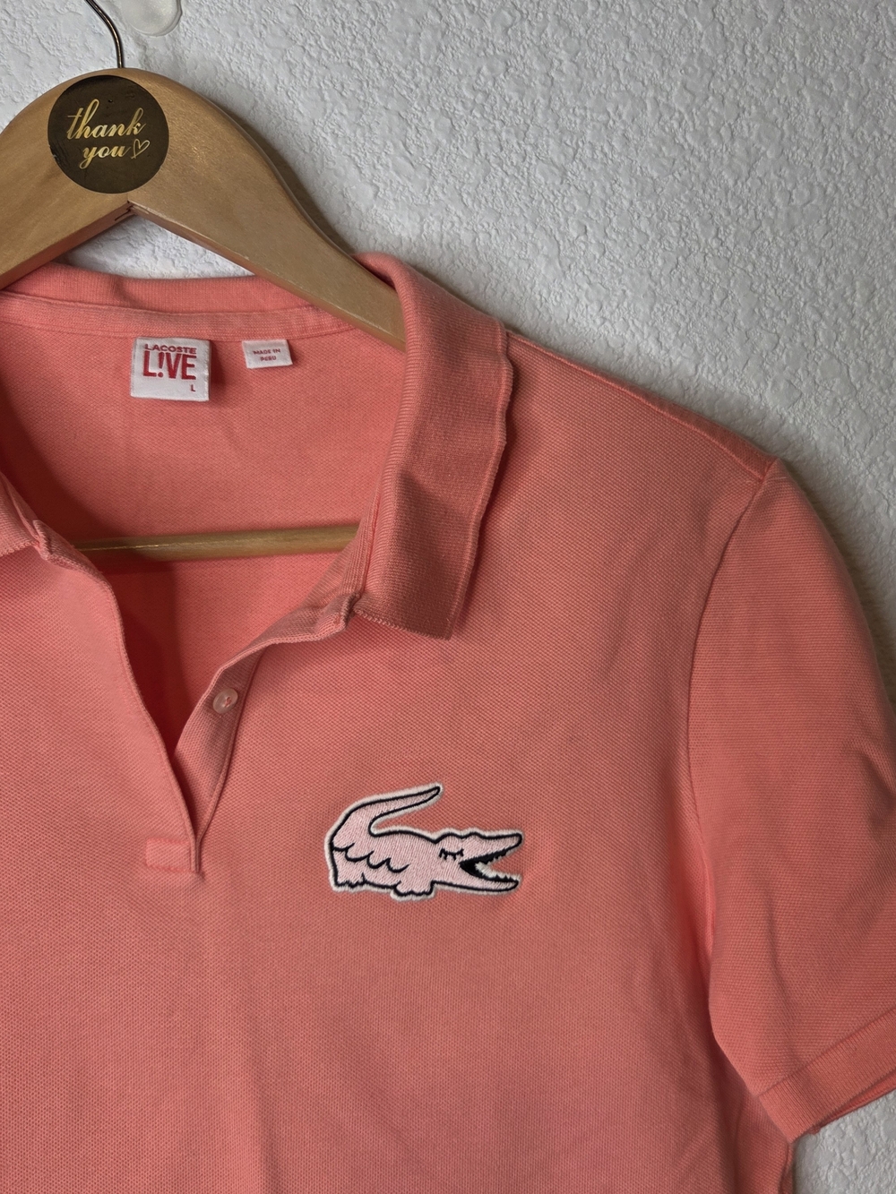 Lacoste L!VE Pink Polo Shirt Winking Crocodile Logo Size L